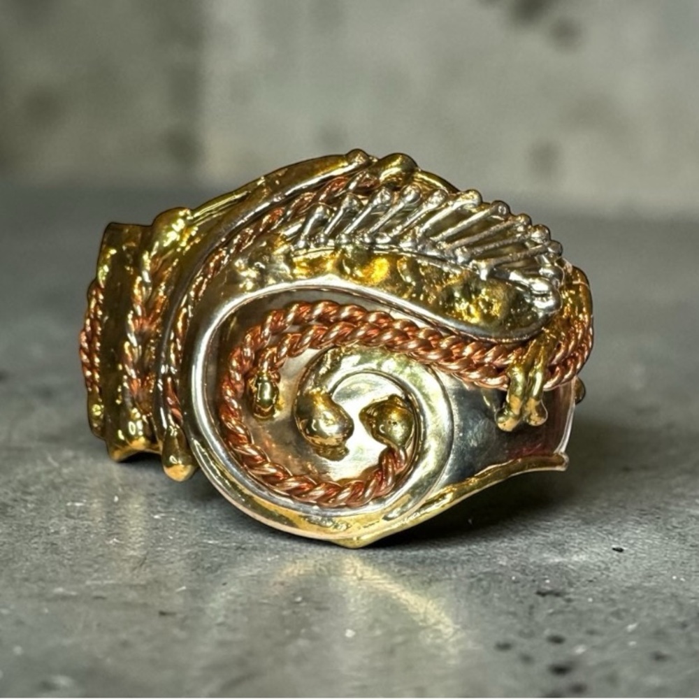 VINTAGE ARTISAN 1970s Brutalist Mixed Metal Bangle Cuff Bracelet, Adjustable